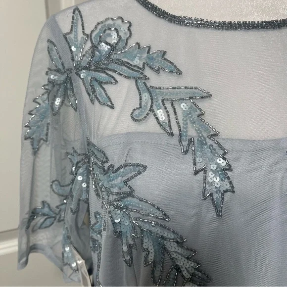 NWT Adrianna Papell Boutique Glacier Pale Blue Beaded Illusion Cocktail Gown 12 - Picture 8 of 16